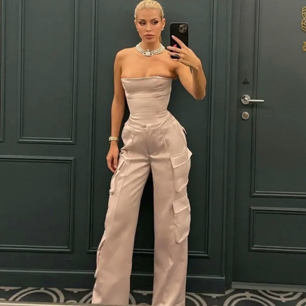 Like New! House Of CB Daria Cargo Satin Trousers Crystal